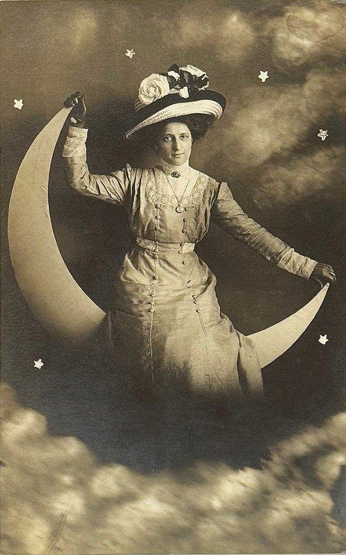 RPPC Real Photo Paper Moon Postcard Woman Clouds Gloves Superb Circa 1900 - 1909
