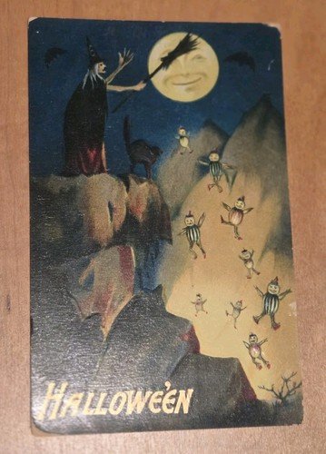 Valentine & Sons Halloween Postcard Of Witch Moon And Pumpkin PeopleOpens in a n