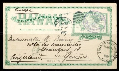 USA Hawaii Postcard 1900 Kaekaha, Kauai to Geneva Switzerland C631