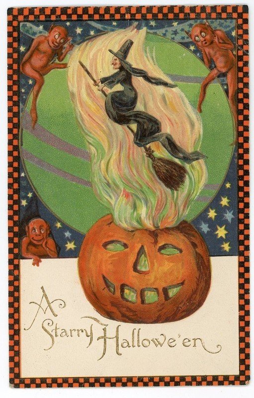 Halloween Unusual Winsch Checkered Border Witch JOL Antique Postcard