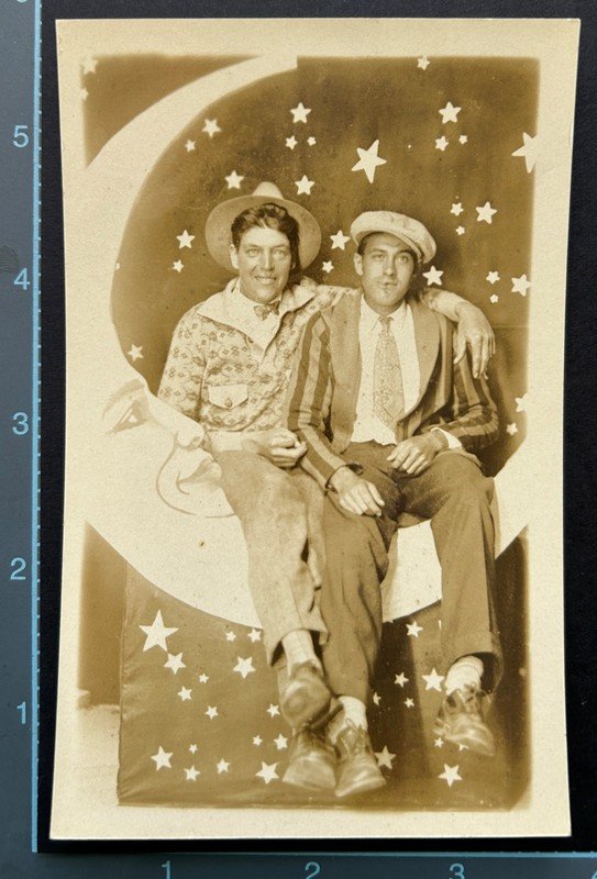 Vintage RPPC Paper Face Moon, Affectionate Men, Gay Interest, Unposted