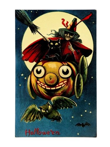 THE BEST Valentine & Sons Halloween Postcard Cat Drives Witch in a veggie Car