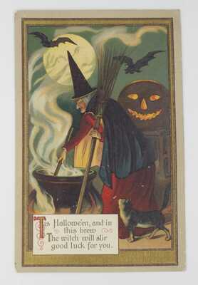 Antique Halloween Postcard 1916  Witch with Broom, Bats, Jack-O-Lantern Embossed