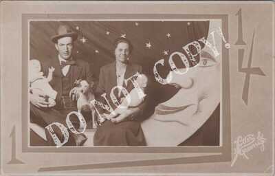 RPPC-PMK Windsor IL-Paper Moon-Smiling-Couple-Dog-Baby Doll-Photographer Prop-RP
