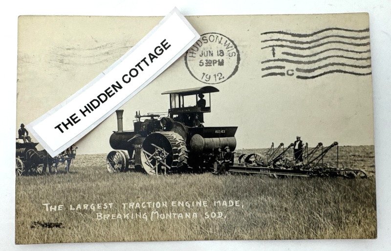 Antique RPPC Reeves Steam Farm Tractor Field Plow Glendive Montana 1912