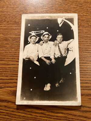 Antique Paper Moon RPPC 3 Handsome Men Posing Pipes Hats Studio Photo Postcard