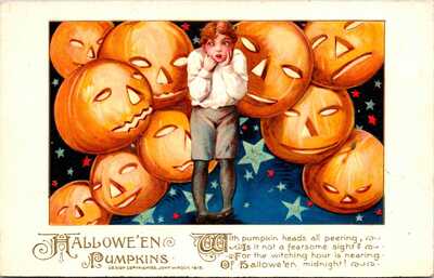 Vintage Winsch Schmucker Adorable Scared Boy & Pumpkin, JOL Halloween Postcard