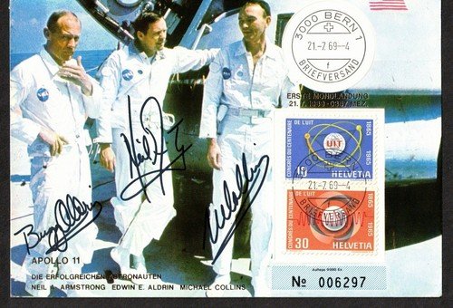 Neil Armstrong Buzz Aldrin Michael Collins Signed Apollo 11 Postcard Dated 1969