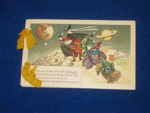very rare halloween postcard poem booklet witch flying over the moon lizard