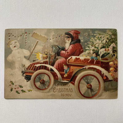 Antique Postcard HTL Hold To Light Christmas Card Santa Driving Car Snowman