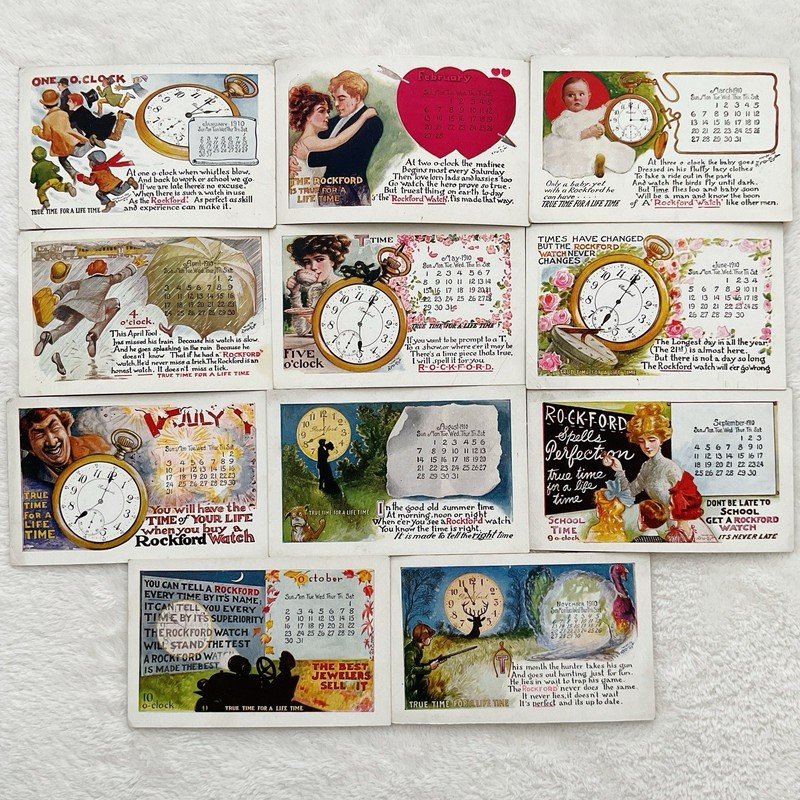 1910 Rockford Watch Advertising Postcards Calendar Lot Jan–Nov Unused