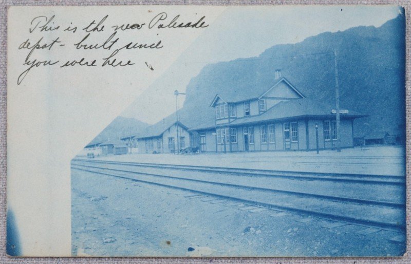 Antique 1908 RPPC Cyanotype Postcard Palisade Nevada Train Depot Station