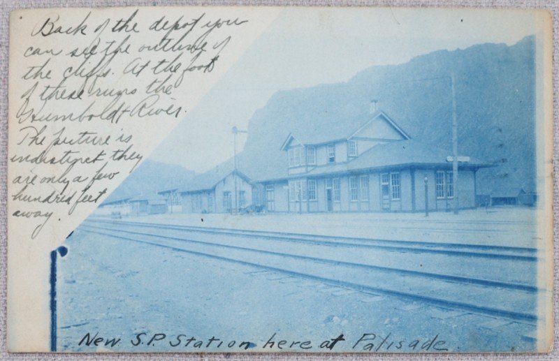 Antique 1908 RPPC Cyanotype Postcard Palisade Nevada S.P Train Station Depot