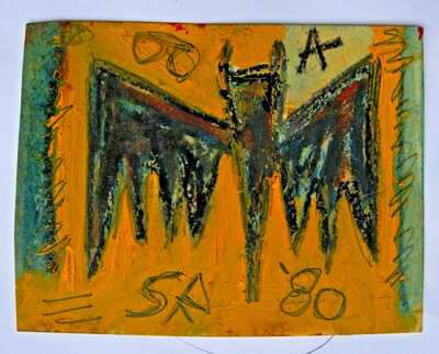original 1980 hand-painted Jean-Michel Basquiat Graffiti bat wing postcard rare