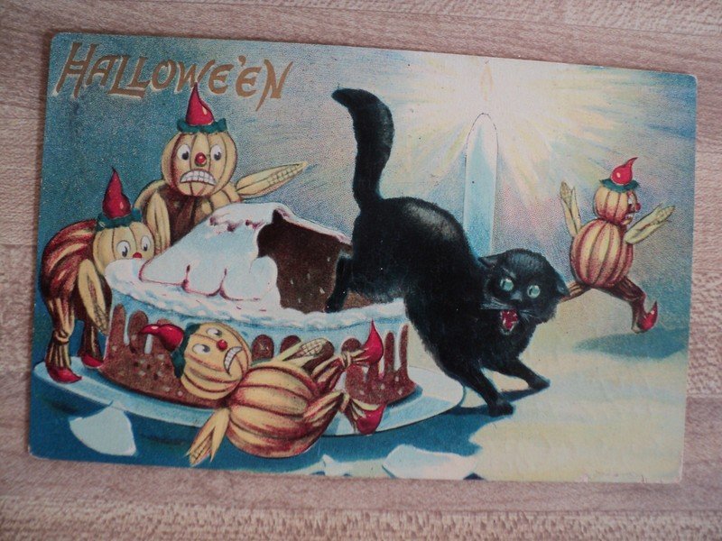 HALLOWEEN Black Cat Jumps out of Cake scares J-O-Ls Valentine embossed Postcard