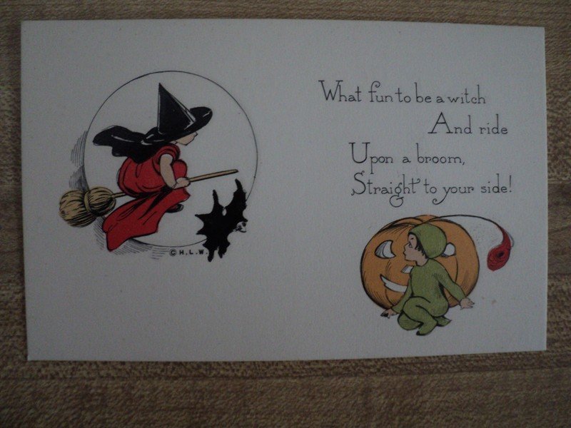 HALLOWEEN Little Witch & Jack-O-Lantern vintage Woehler Hand Embossed Postcard