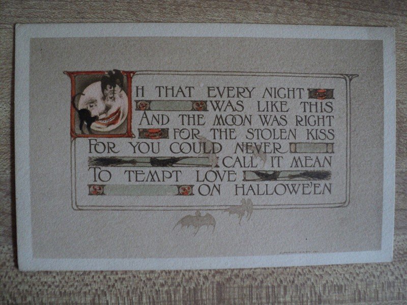 HALLOWEEN Black Cat & Bat w/ Smiling Moon vintage Gibson Art Postcard