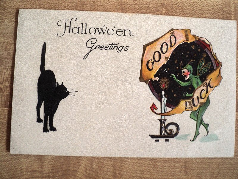 HALLOWEEN Black Cat & Good Luck Fairy vintage Winsch 4973 Embossed Postcard