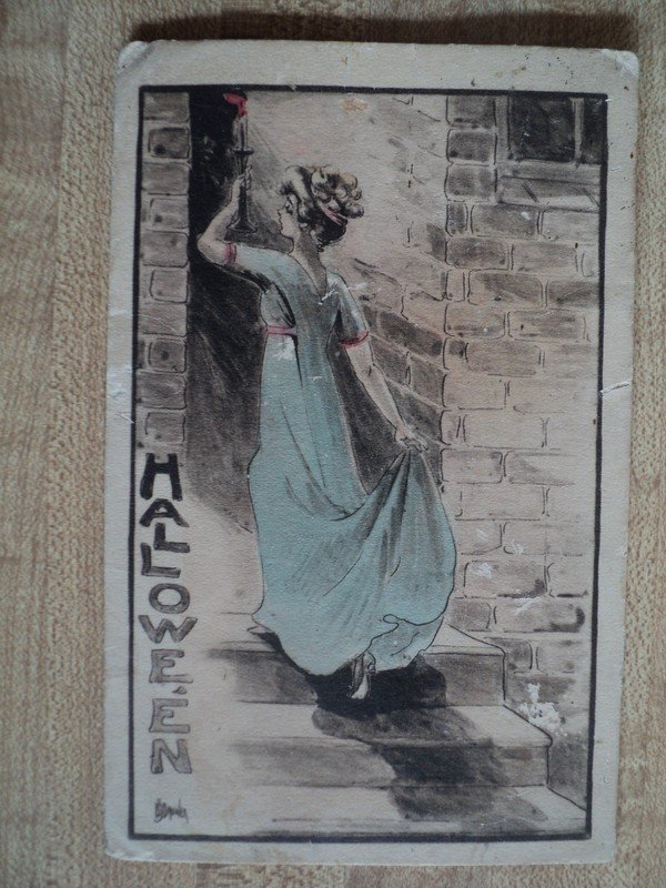 HALLOWEEN Pretty Lady w/ Candle vintage H. Miller & Co. B S Brower Postcard