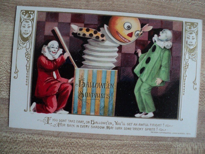 HALLOWEEN Clowns & Jack-O-L in a Box vintage John Winsch 1913 Embossed Postcard
