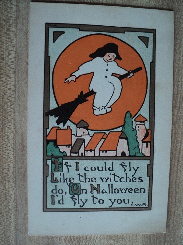 HALLOWEEN Girl Flying on Broom like a Witch vintage RUST CRAFT Postcard