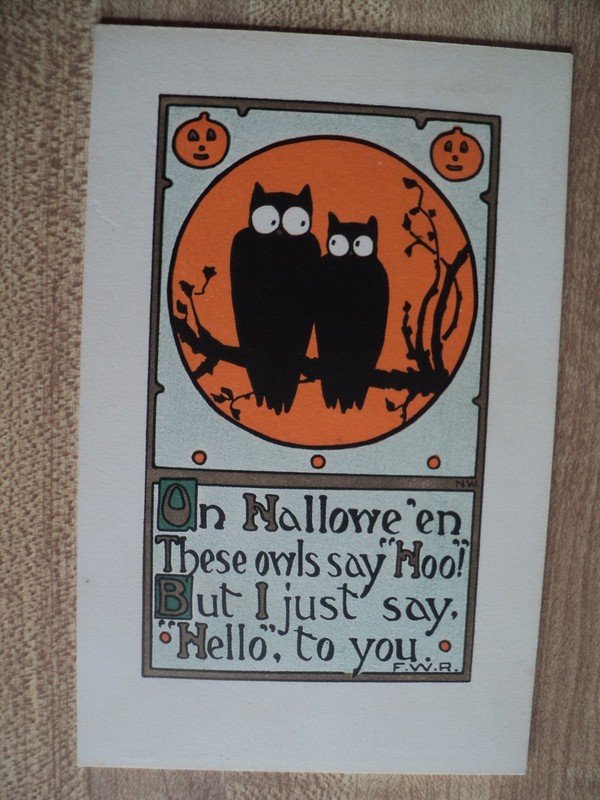 HALLOWEEN 2 Owls sitting in a tree saying HOO! vintage RUST CRAFT Postcard