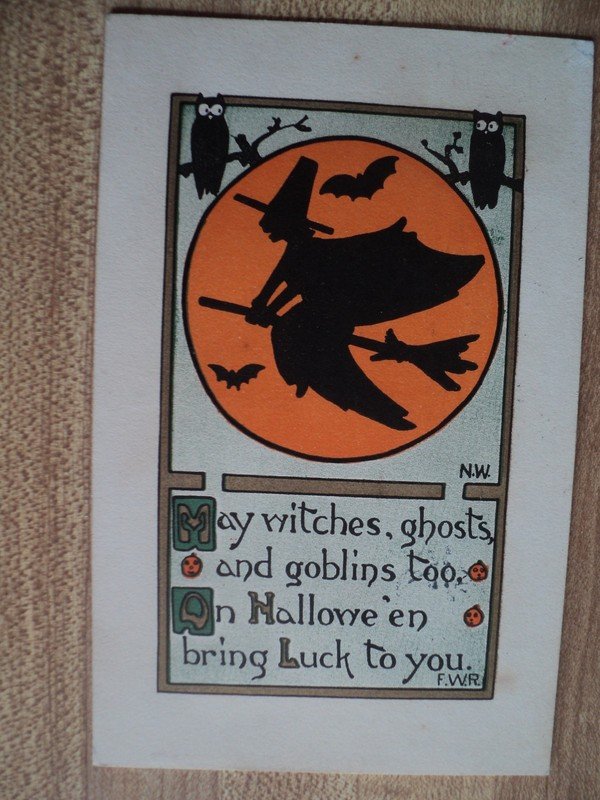 HALLOWEEN Flying Witch w/ Bat & Owls vintage RUST CRAFT Postcard
