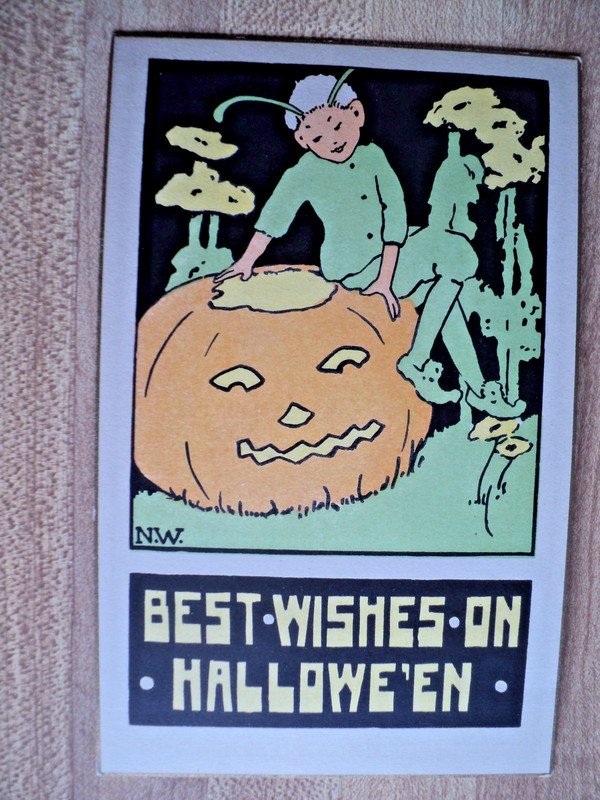 HALLOWEEN Gnome sits on Jack-O-Lantern vintage RUST CRAFT Postcard