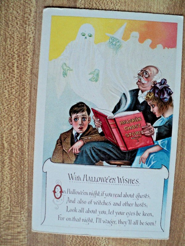 Rare HALLOWEEN GHOSTS appear after Reading Book vintage unknown maker Postcard