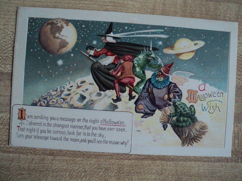 Rare HALLOWEEN Witch Flys above Moon w Toad Goblin + vtg. unknown maker Postcard