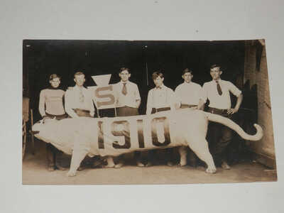 STATE COLLEGE PA - REAL PHOTO POSTCARD RPPC  PENN STATE 1910 LION and STUDENTS