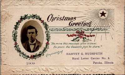 1909 CHRISTMAS POSTCARD REAL PHOTO RURAL LETTER CARRIER PATOKA ILLINOIS 39-118