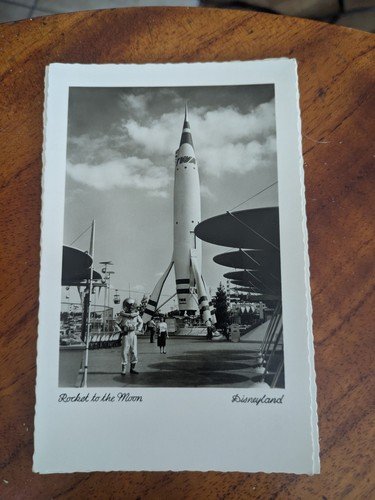 vintage disneyland postcard 1950’s rocket B&W