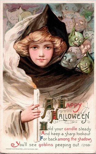 Vintage Winsch Schmucker Girl, Ghouls, Goblins, Demons,Candle Halloween Postcard