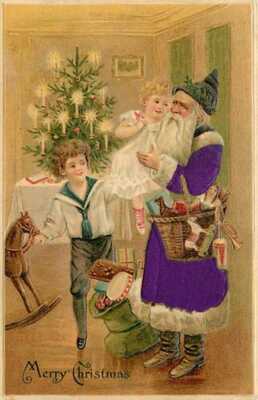 Christmas Postcard Silk Santa Claus in Purple Robe w/ Children - used 1909