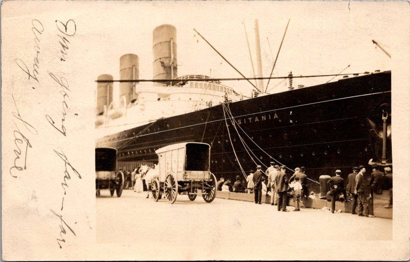 Real Photo Postcard Steamship Lusitania at Dock - used in 1908