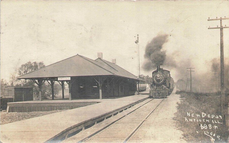 RPPC 1915 “New” Depot Railroad W/ Train Engine Antioch, Illinois IL