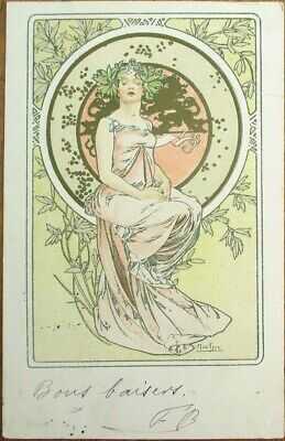 Alphonse Mucha/Artist-Signed 1902 Art Nouveau Postcard: Seated Woman-Color Litho