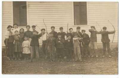Celina, OH Ohio 1909 RPPC Postcard, School Class with Bows and Arrows, Boise