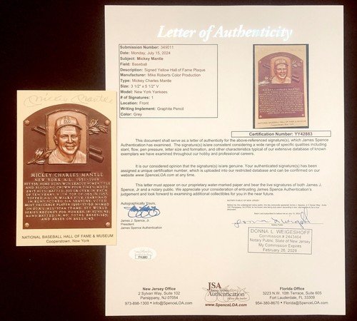 SIGNED MICKEY MANTLE HALL OF FAME PLAQUE POSTCARD W/JSA LETTER OF AUTHENTICITY