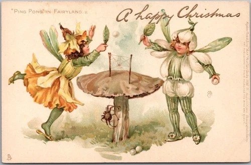 c1900s Tuck's "PING PONG IN FAIRYLAND II." Postcard Toadstool Christmas Unused