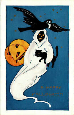 HAPPY HALLOWEEN - SCARY WITCH - PUMPKIN - CAT - EMBOSSED HOLIDAY POSTCARD