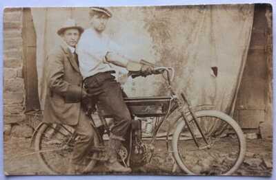RPPC Real Photo Postcard- Two Men On "Light" Motorcycle, Circa 1908