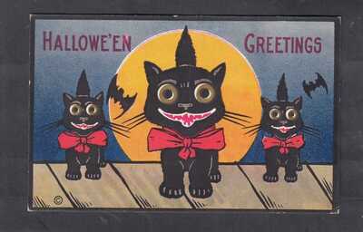 HALLOWEEN GREETINGS H.M. Rose postcard w 3 great grinning BLACK CATS 1913