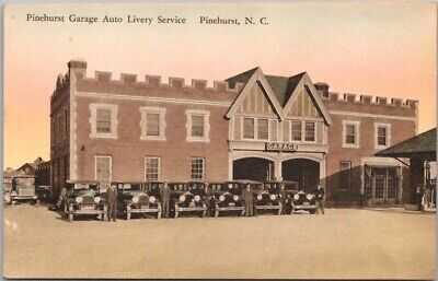 1930s North Carolina Postcard PINEHURST GARAGE AUTO LIVERY SERVICE Hand-Colored