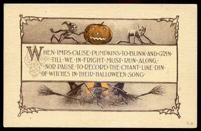 HALLOWEEN Postcard 1910s Witches Brooms JOL Goblins