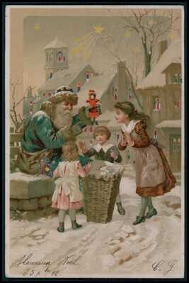 HTL original hold to light Christmas Santa Claus green robe old 1900s postcard