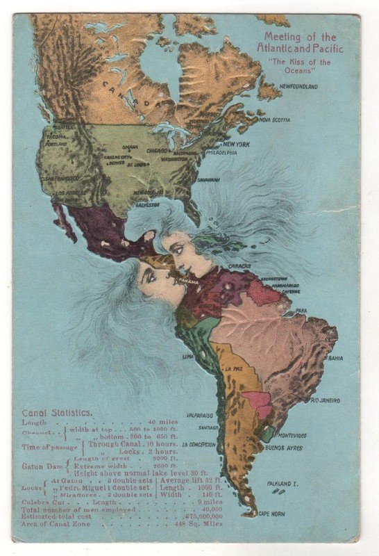 Rare Embossed 1900s Panama Canal Postcard “Kiss of the Oceans” Atlantic -Pacific