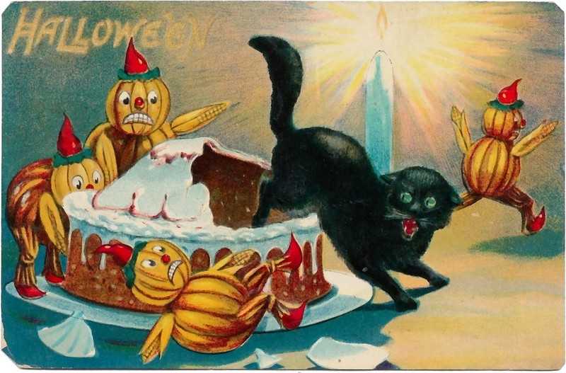 Valentine & Sons Halloween -Cat Jumps Out of Cake, Pumpkin Men Scatter RARE! 👀