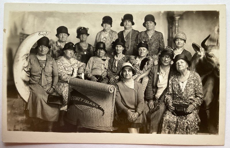 RPPC Real Photo Postcard- Group Of Ladies With Man In The Moon, Coney Island NY